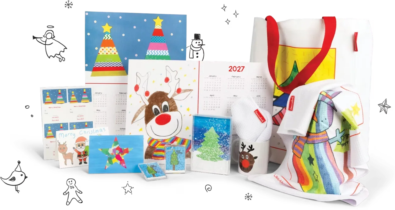 Xmas4schools Christmas cards, calendars, mugs, tea towels and gifts printed with children's artwork